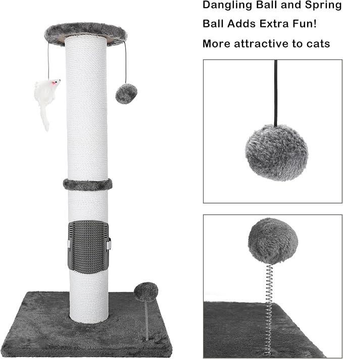 34 Inches Cat Scratching Post Heavy Duty and Thicker Cat Self Grooming with Hanging Toys and Sturdy Handmade Rope, Grey