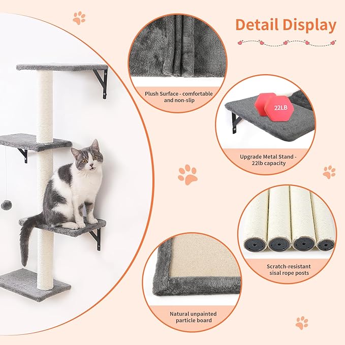Modern Wall-Mounted Cat Furniture - 5pcs Cat Wall Shelves, Wooden Cat Climber Includes Cat House, Bridge, Tree, Steps, and Scratcher - Grey