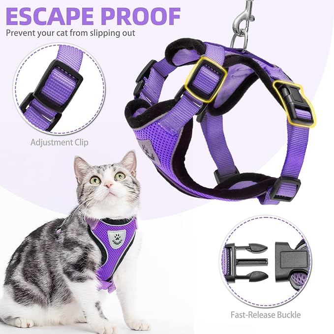 PUPTECK Cat Harness and Leash Set Escape Proof Reflective Cat Walking Harness Adjustable Soft Breathable Mesh Vest for Small Pets, Purple, M