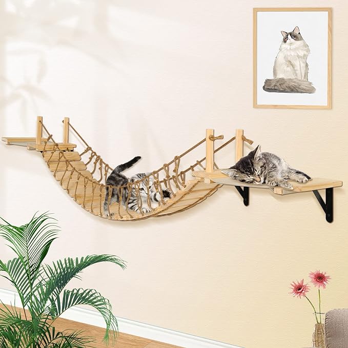 Calmbee Cat Wall Shelves, Cat Wall Furniture 70" Cat Bridge Wall Mount Cat Perch Wooden Hammock Cat Tree Cat Climber Cat Cloud Shelf Board Cats Bed