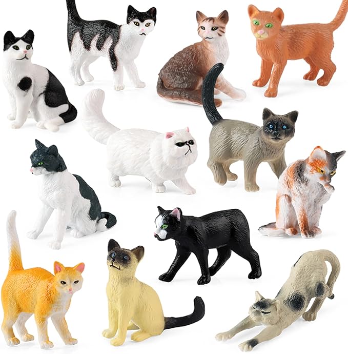 12PCS Realistic Cat Figurines, Plastic Mini Cat Figures Toys, Kitten Miniature Toys Cake Topper Easter Eggs Christmas Birthday Gift for Kids Boys Girls
