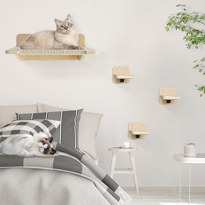 Cat Hammock Cat Wall Shelves with 3 Cat Wall Steps, Wall Mounted Cat Shelves and Perches with Hemp Rope Scratching, Cat Wall Furniture Climbing Shelves for Indoor Cats Set