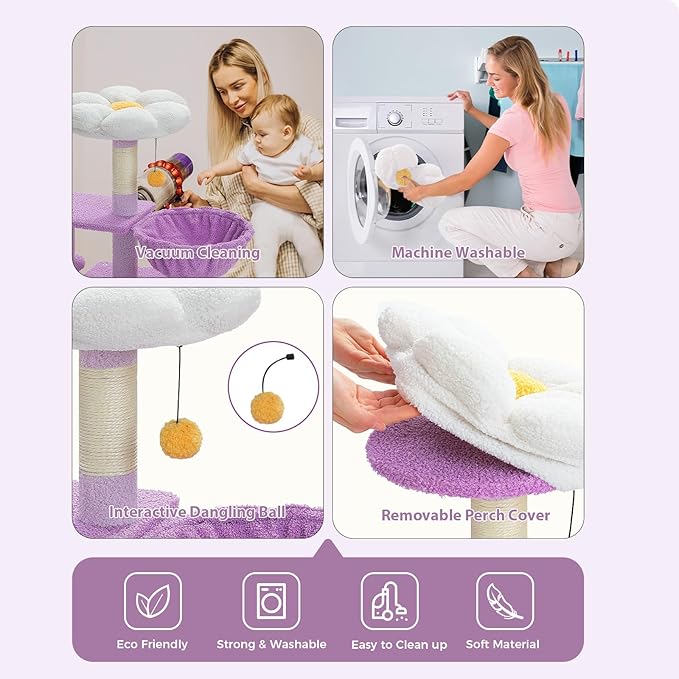 PETEPELA Flower Cat Tree for Indoor Cats, 32'' Small Cat Tower Cat Condo with Sisal Scratching Ramp, Cozy Hammock and Removable Flower Bed Perch for Kittens, Purple