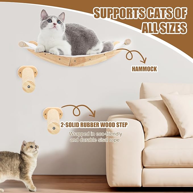 Cat Wall Furniture, 3 Pack Cat Wall Shelves Set, Solid Rubber Wood Cat Wall Steps and Hammock for Sleeping, Playing, Scratching, Climbing