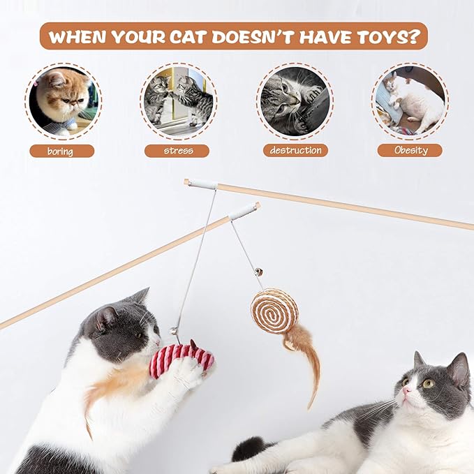3 PCS Cat Wand Toys, 16 Inch Natural Wooden Cat Teaser Wand Toys with 5 PCS Silvervine Sticks for Cat, Interactive Cat Feather Wand Toy for Indoor Cats, Elastic String Cat Pole Toy with Bell, Feather
