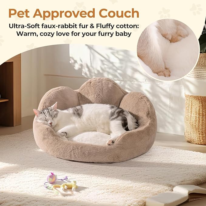 MEWOOFUN Cat Beds for Indoor Cats, Cozy Cute Cat Couch Bed Washable, Round Fluffy Small Dog Beds with Anti-Slip Bottom, Puppy Bed for Small Animals (Khaki, 23")