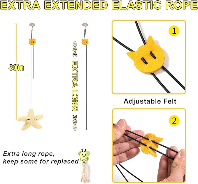 AYWVRBST 6Pcs Retractable Cat Toy with Bell, Hanging Interactive Cat Toy 6 Different Pieces, Cat Chase Practice, Indoor Cat Self-Play Toy, Cat Teaser Toy with Adhesive Hooks