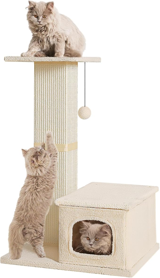 Small Cat Tree, 31 Inches Tall Cat Scratching Post with Perch & Condo, Natural Woven Sisal Cat Post Sctacher, Kitten Scratching Posts for Indoor Cats, Cat Scratch Tower with Fluffy Ball, Beige