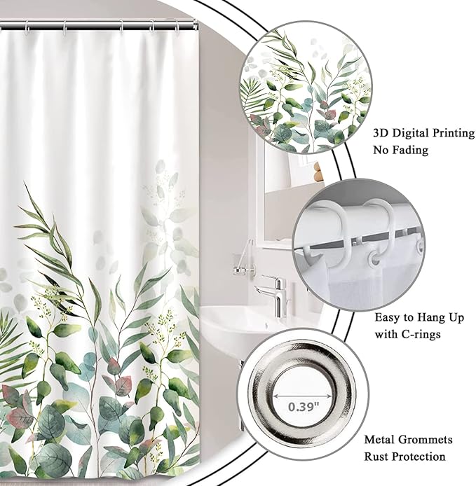 AWERT Stall Shower Curtain Plants for Bathroom,Waterproof Quick-Drying Green Leaves Stall Size Shower Curtain Set with Hooks 36x72 Inch