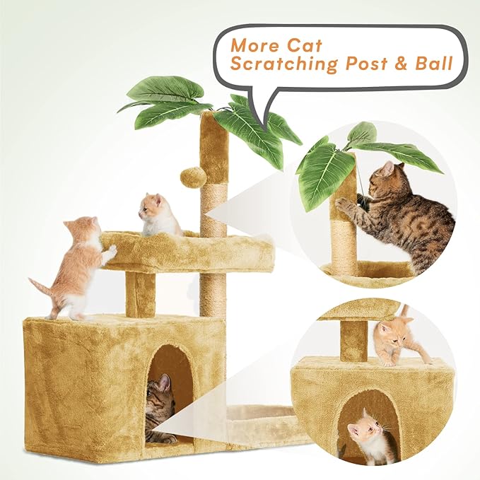 31.5" Cat Tree Cat Tower for Indoor Cats with Green Leaves, Cat Condo Cozy Plush Cat House with Hang Ball and Leaf Shape Design, Cat Furniture Pet House with Cat Scratching Posts, Beige