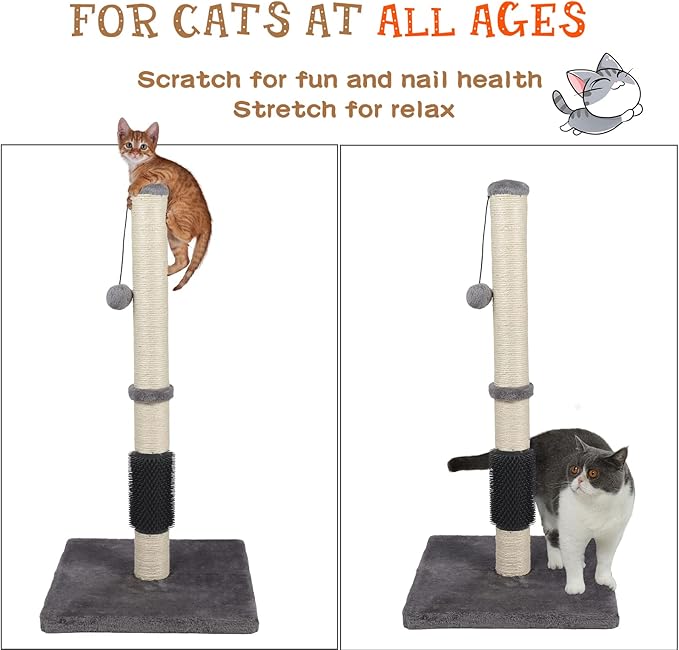 ANWA Tall Cat Scratching Posts for Indoor Cats and Kittens, 32” Vertical Scratching Post with Reinforced Base, Premium Sisal Cat Scratching Post with Dangling Plush Ball and Self-Grooming Brush