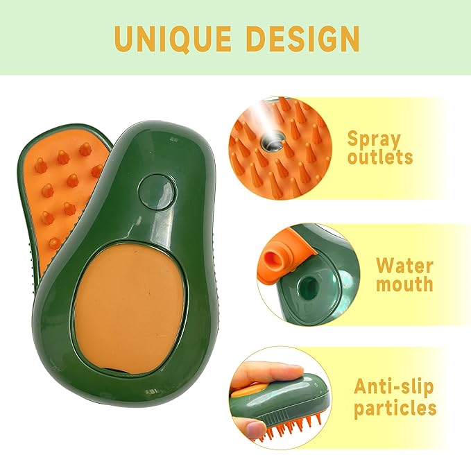 3 in 1 Self-Cleaning Steam Brush for Cats, Dogs, and Pets - Grooming Tool for Removing Tangled and Loose Fur (Green Avocado)