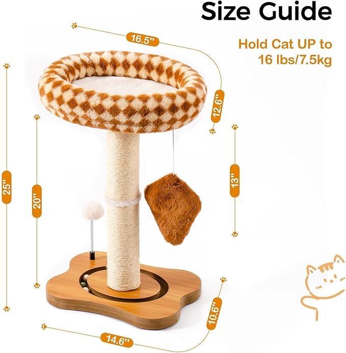 Mewoo Cat Scratching Post with Bed, Cat Tower with Cat Scratcher Post, Small Cat Tree for Indoor Cats, Sisal Cat Scratcher with Removable Cat Perch, Cat Ball Track and Kittens Toys (Brown, Medium)