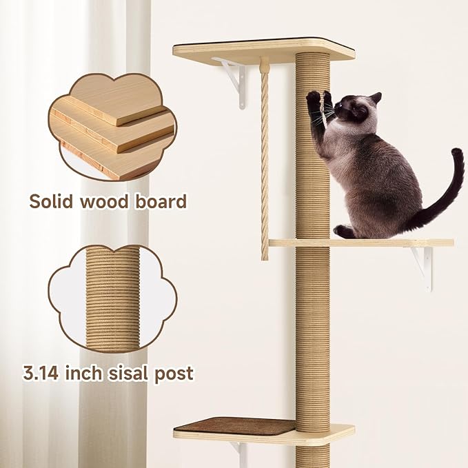Cat Tree Wall Mounted 4 Tier at Climbing Wall Shelves with Scratcher Post for Indoor Cats Activity, Large Cat Wall Furniture with Cat Pads and Rope