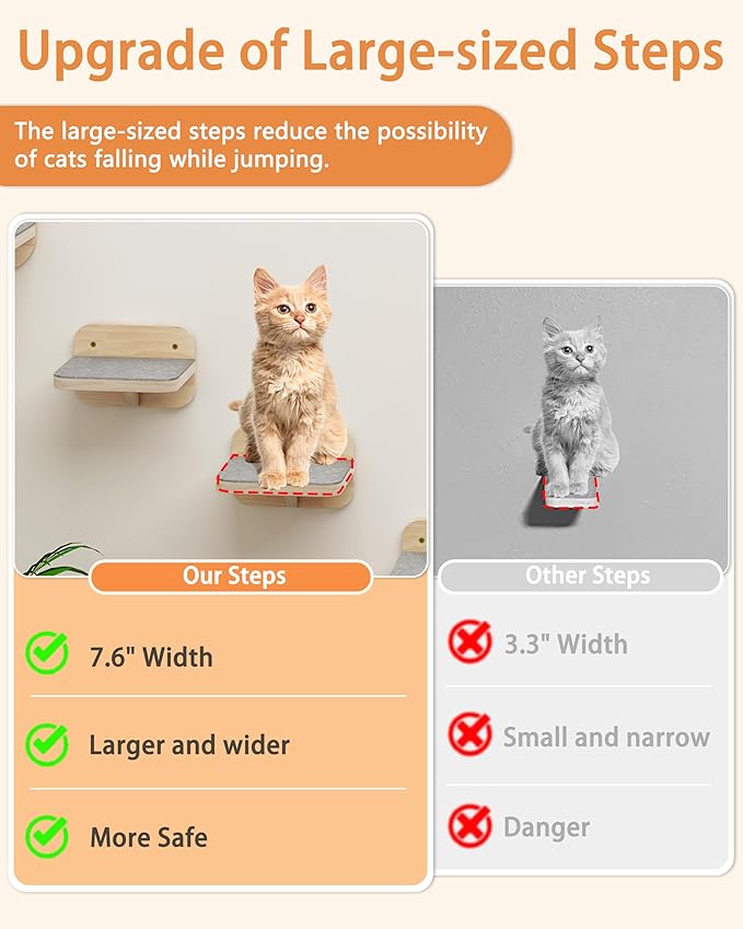 Megidok Cat Wall Furniture Corner Climbing Shelf Perches, Cat Bed Wall Mounted with 3 Wide Steps,Modern Floating Stairs for Wall Indoor Cats up to 22 Lbs for Cat - Wood Color