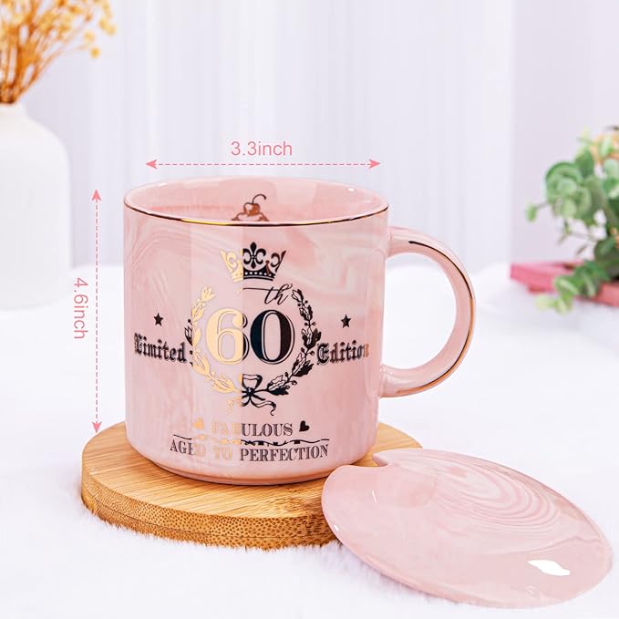 60th Birthday Gifts for Women - Fabulous 1965 Aged to Perfection Happy Birthday Mug - Limited Edition 60th Pink Coffee Mug Printed with Gold, Gift Idea for Turning 60 Years Old Women, Gift Boxed