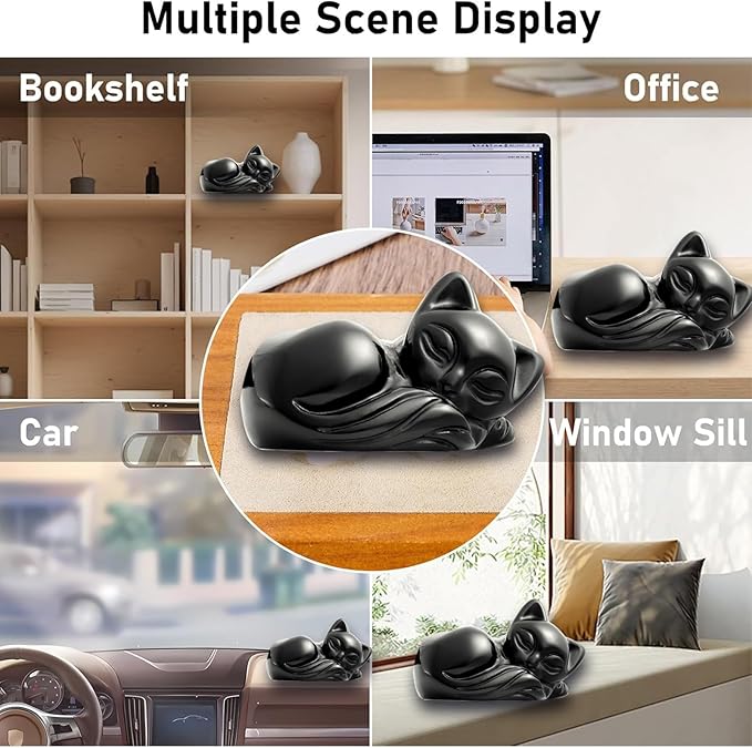 2" Sleeping Cat Statue Black Obsidian Healing Crystals Hand Carved Cute Kitten Figurine, Worry Stone for Anxiety Relif Home Desk Decor Animal Figurine