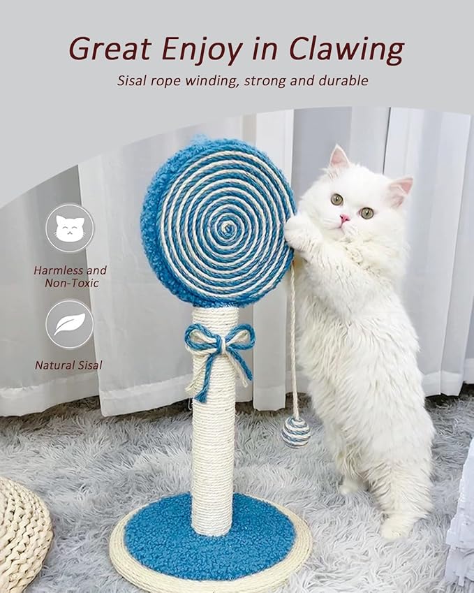 Cat Scratching Post, 22” Cute Kittens Scratch Posts with Hanging Ball, Sturdy Post & Stable Base, Ideal for Indoor Cats, Small & Large Sizes Kitty Available