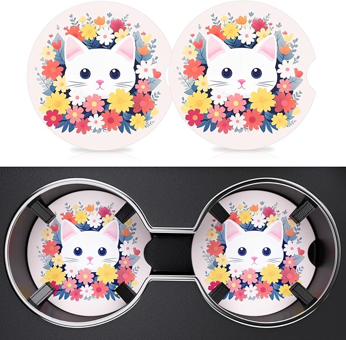 2 Pack Car Cup Holder Coasters, 2.63 inch Anti Slip Insert Absorbent Ceramic Coasters with Cork Base and Finger Notch, Cute Car Accessories Interior for Women