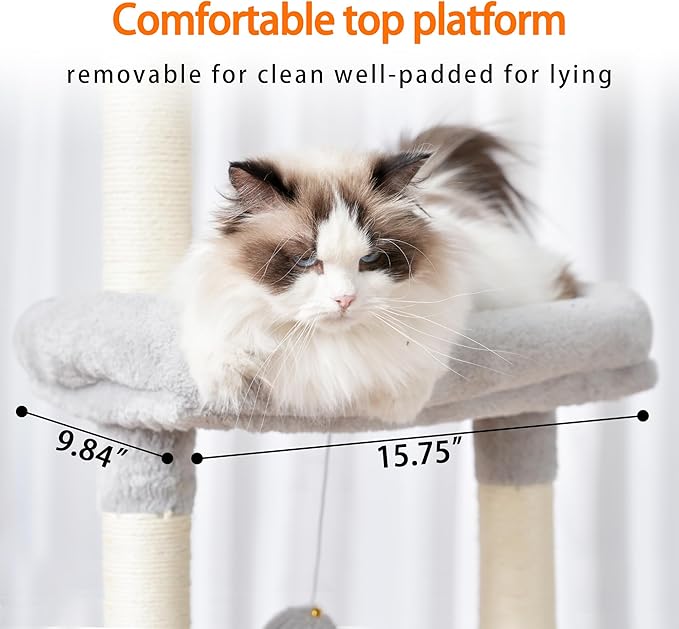 Heybly Cat Tree,Cat Tower for Indoor Cats, 65.4 inches Cat Condo with Perches, Basket, Feeding Bowl Station, Multi-Level Plush Furniture with Scratching Posts, Light Gray HCT015W