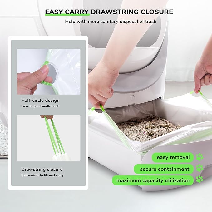 65 Count Drawstring Cat Litter Bags for Most Auto Self-Cleaning Litter Box, Extra Thick Pet Litter Drawer Liners Replacement, Durable Cat Waste Bags, Unscented, 25.6'' W x 15.7'' H