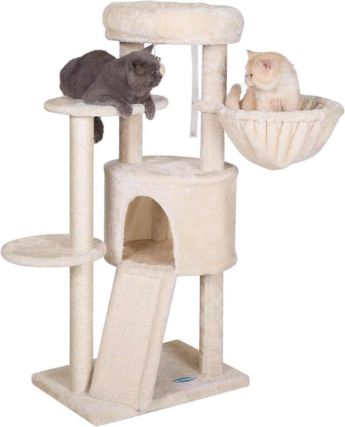 Hey-brother Cat Tree with Scratching Board, Cat Tower with Padded Plush Perch and Cozy Basket, Multi-Platform for Jump, Beige MPJ005M