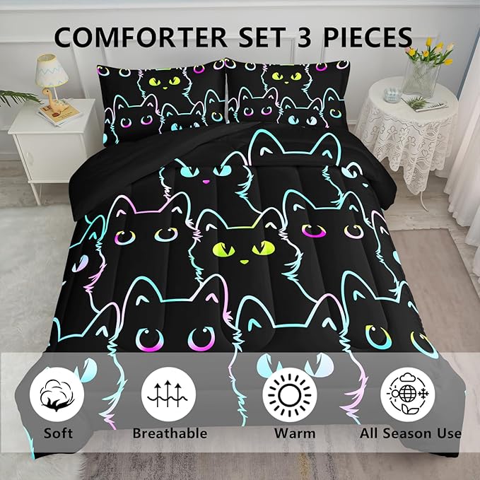 Axolotl Kids Bedding Cartoon Cat Comforter Set, Full Size, Gradient Line Cute Cat Bedding Set for Teens, Kids, Boys, Girls, Adults Room Decor, All Season, 1 Comforter 2 Pillow Cases, Black