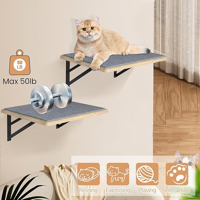 Cat Wall Shelves Set of 2, Wood Cat Shelves for Wall, Cat Wall Bed Hammock with Scratching Pad, Cat Climbing Shelf for Sleeping Playing, Cat Window Perch for Big Cats, Burlywood Cat Furniture Indoor