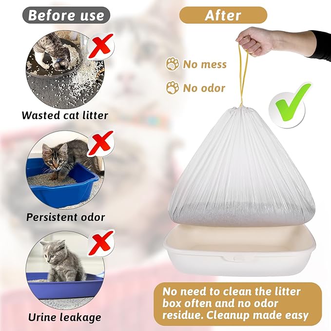 40 Pieces Jumbo Cat Litter Box Liners, 36"x18" Drawstring Close Cat Litter Bags Automatic Litter Box Bags Heavy Duty Cat Litter Waste Receptacles Bags, Extra Thick, Tear & Leak Resistant, Easy Cleanup