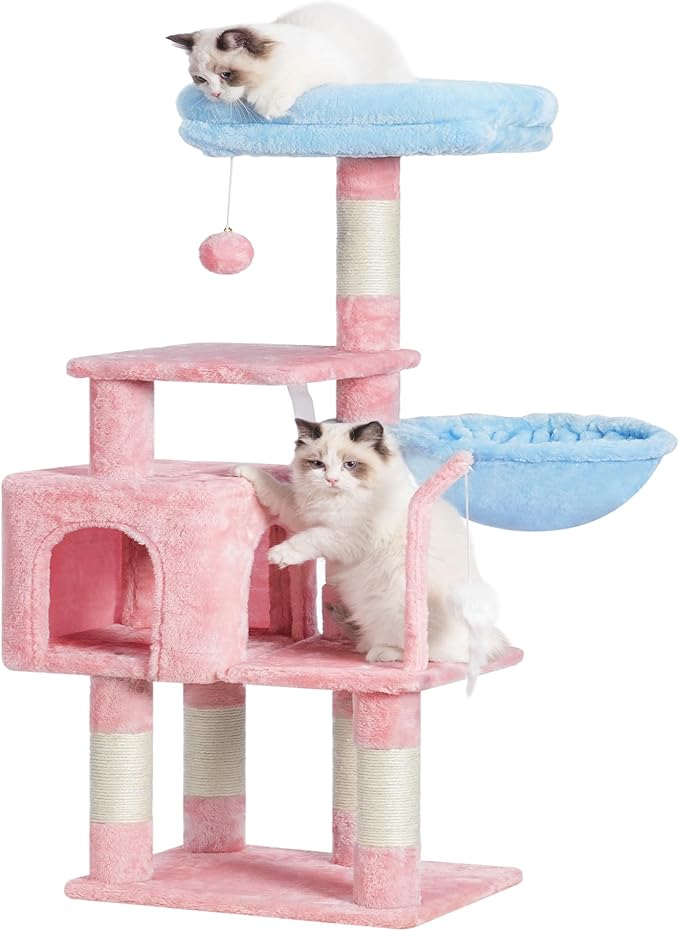 Heybly Cat Tree with Toy, Cat Tower condo for Indoor Cats, Cat House with Padded Plush Perch, Cozy Hammock and Sisal Scratching Posts, Blue and Pink HCT004SBP
