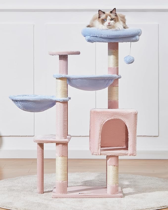 Taoqimiao Cat Tree, 39.4-Inch Cat Tower for Indoor Cats,Suitable for Kittens,Plush Cat Condo with 5 Scratching Posts, Plush Perch,2 Hammock,Pompoms, MS019PB Pink and Blue