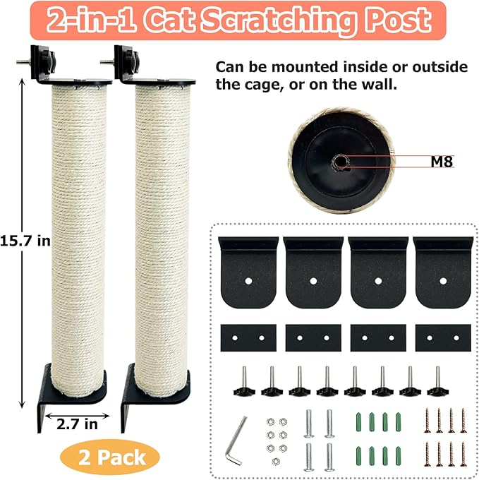 Cat Scratching Post Wall Mounted 2-in-1 Cage Mount Cat Scratcher 2 Pack Natural Sisal Kitty Scratch Posts for Indoor Kittens to Scratch and Climbing 15.7 x 2.7 inches (White)
