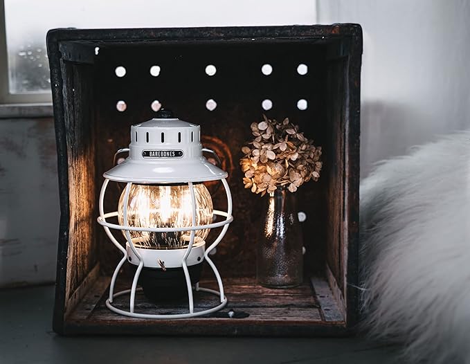 Barebones Railroad Lantern – Vintage White, Vintage-Inspired LED Camping Lantern with Rechargeable Battery – Adjustable Brightness Outdoor Light for Camping Gear, Backyard, and Home Decor