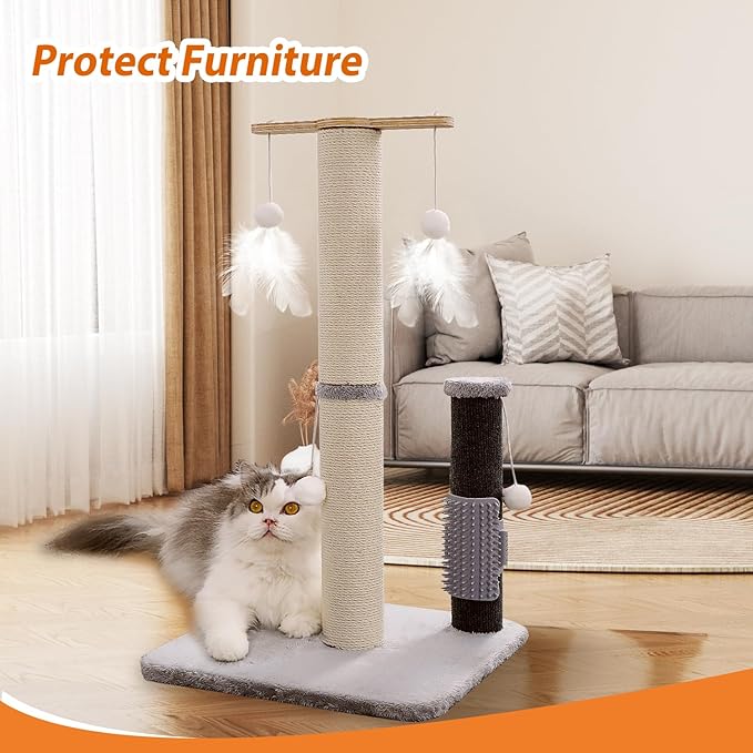 Cat Scratching Post, 29 Inch Tall Sisal Vertical Scratch Posts Cat Scratcher Scratching Deterrent with Cat Self Groomer Hair Brush and Dangling Plush Ball for Cats Small Kittens Christmas