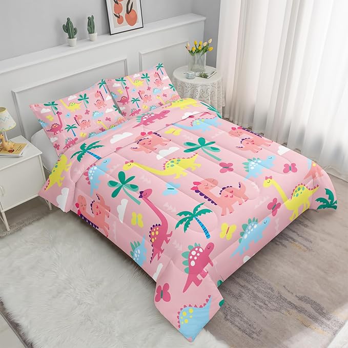Axolotl Cute Dinosaur Comforter Set Full,Colorful Dinosaur Girls Bedding Set,Dinosaurs Print Comforter Sets Botanical Palm Trees,Butterfly Bedding Set for Kids Girls Teens,1 Quilt 2 Pillowcases,Pink