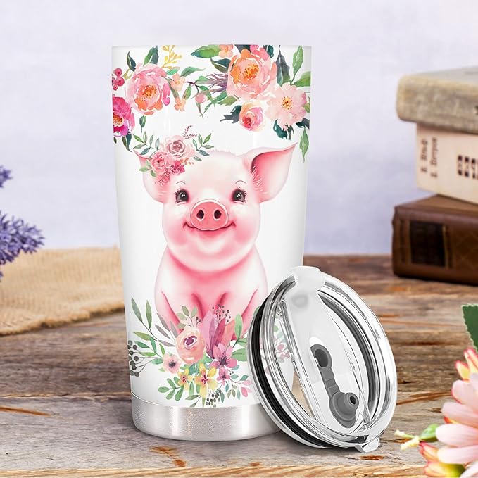 34HD Just A Girl Who Loves Pigs Tumbler with Lid, 20oz Stainless Steel Vacuum Insulated Animal Cup, Farm Animal Gifts for Women Girls Sister Daughter, Pig Birthday Gifts