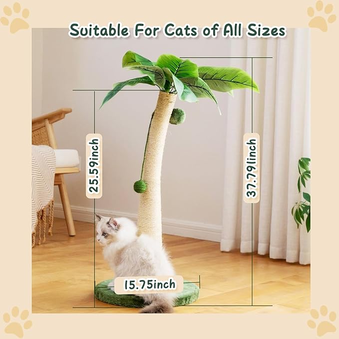 37 Inches Cat Scratching Post, Large Cat Scratching Post, Sisal Scratcher with 3 Hanging Pompoms for Indoor Cats (Short Round Base)
