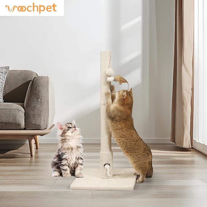 Cat Scratching Post with Premium Sisal Rope for Indoor 34in Tall Scratcher Post Tree with Mouse Hole, Hanging Ball for Adult Cats and Kittens White Scratch Tree