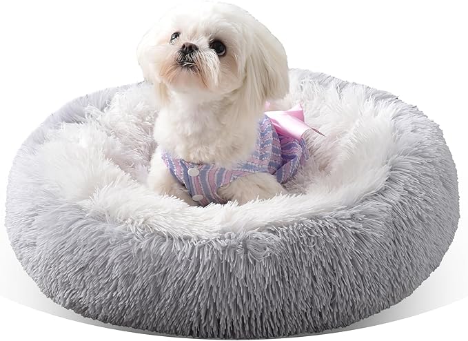 Something Different Calming Dog & Cat Bed, Anti-Anxiety Donut Cuddler Warming Cozy Soft Round Bed, Fluffy Faux Fur Plush Cushion Bed for Small Medium Dogs and Cats,24”,Grey