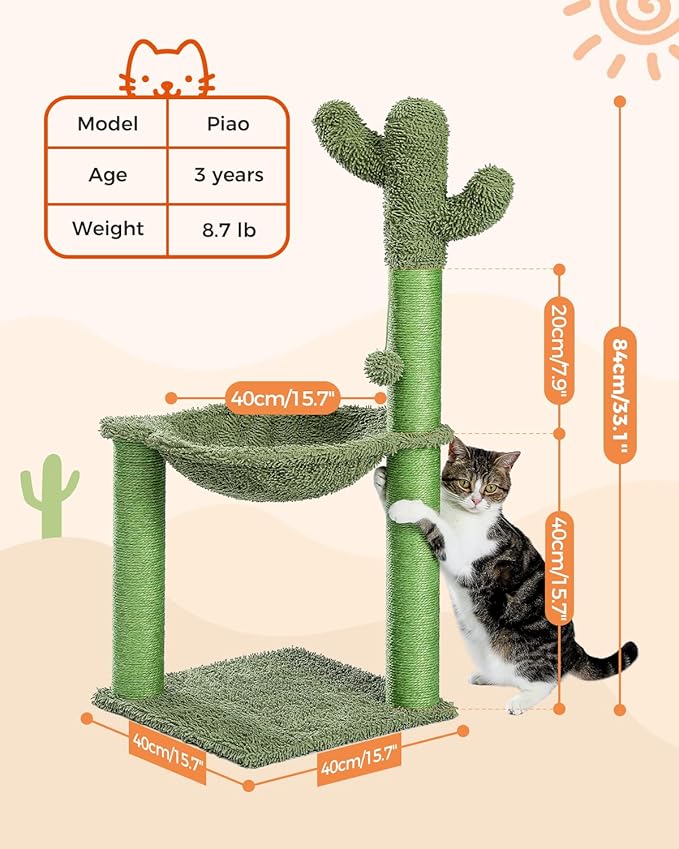 Cat Tree Tower for Kitten with Hammock, Cat Scratching Post for Indoor Medium Cats with Large Perch Dangling Ball and Full Wrapped Natural Sisal Rope Green M