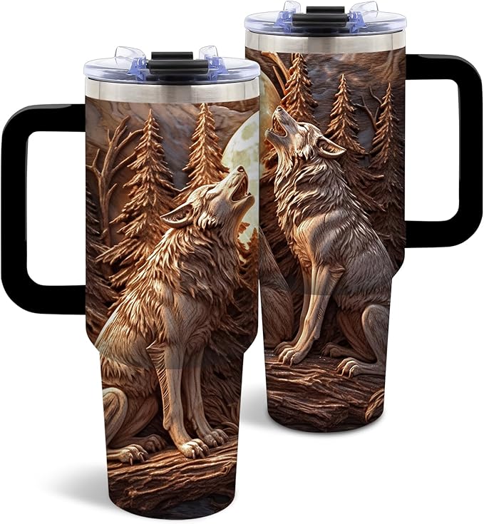 40 Oz Wolf Tumbler with Handle and Straw, Cool Stainless Steel Insulated Tumblers for Women Men, Birthday Gifts for Wolf Lovers Brother Dad