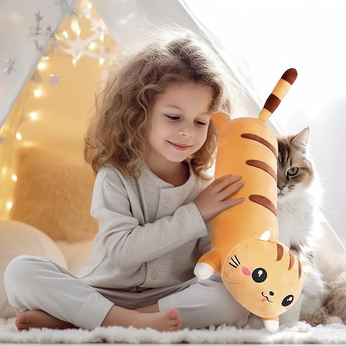 AFAN Long Cat Plush Cute Cat Body Pillows Kawaii Stuffed Animals Plushies Soft Cuddly Cotton Plush Toys Room Decor Gifts for Kids Girls Boys Adults (Yellow, 19.6 Inch)