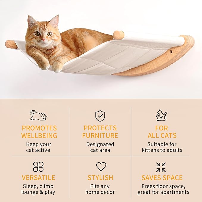 Cat Wall Hammock with Two Steps, Wall Mounted Cat Funiture with Stable Shelves and Perches for Sleeping, Playing, Climbing and Lounging, Wall Mounted Cat Bed for Large Cats