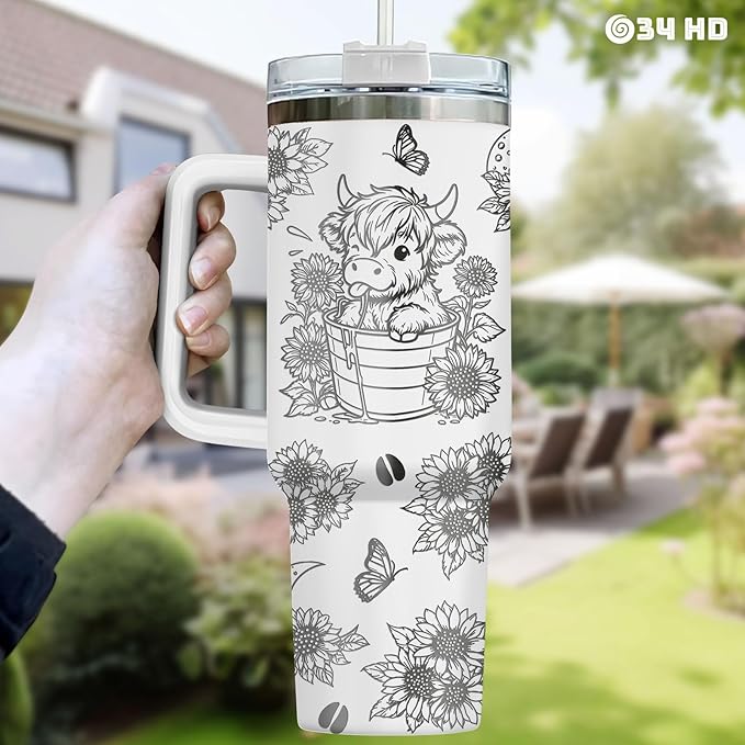 34HD Engraved Cow Tumbler with Handle and Straw, 40oz Insulated Animal Cup, Cute Moo Cattle Coffee Mug, Funny Gifts for Cow Lovers, Cow Print Stuff