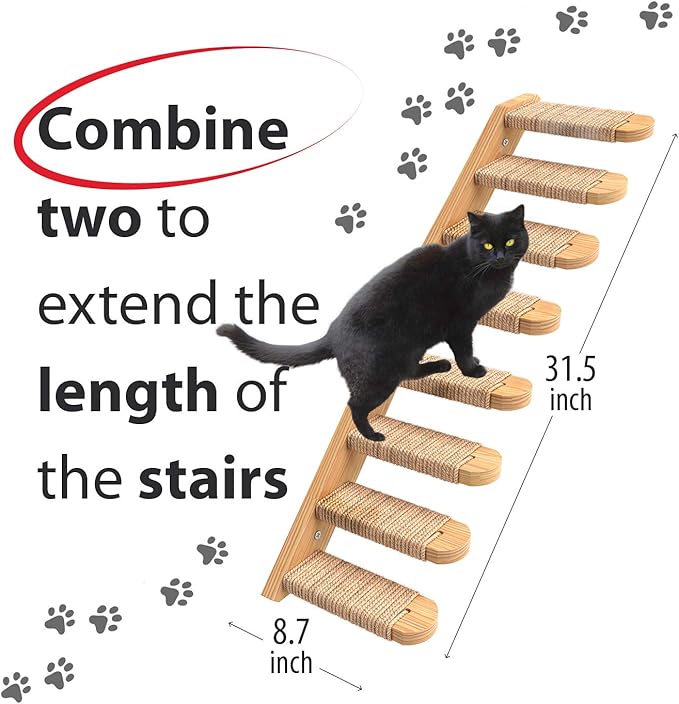 Skywin Cat Steps - Solid Rubber Wood Cat Wall Stairs Great for Scratching and Climbing - Easy to Install Wall Mounted Cat Wall Shelves for Playful Cats (Wood, Left-Right)