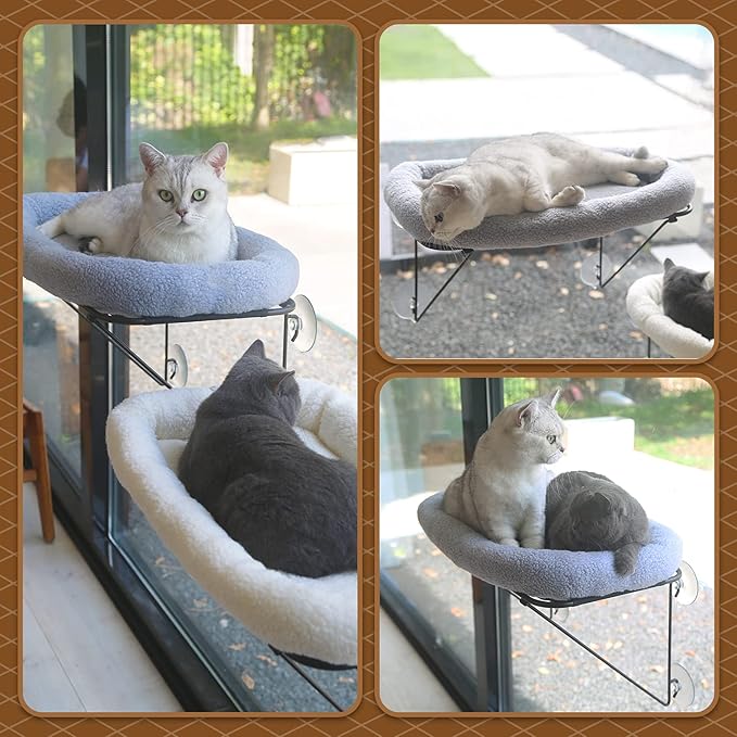 Cat Window Perch - 100% Metal Supported from Below - Comes with Warm Spacious Pet Bed - Cat Window Hammock for Large Cats & Kittens - for Sunbathing, Napping & Overlooking (Grey)