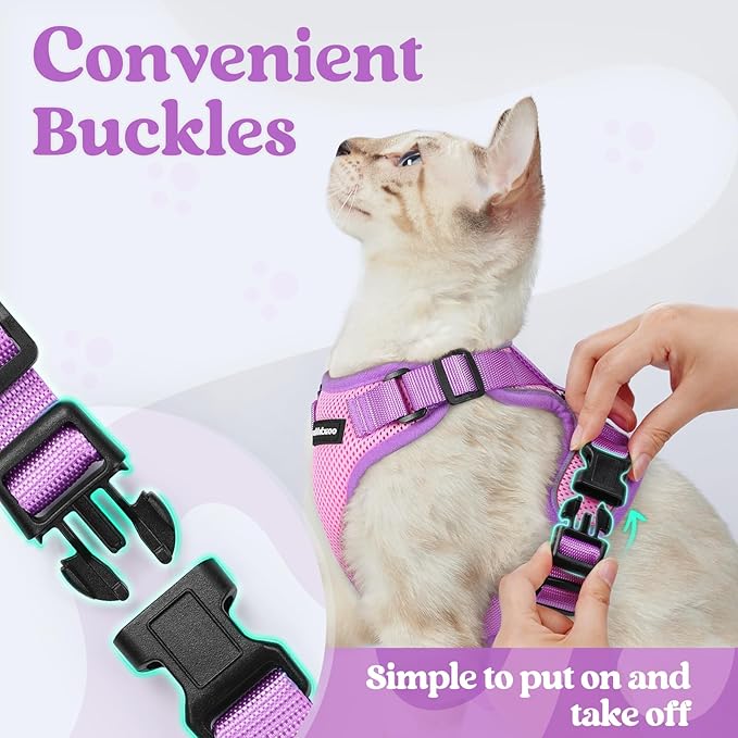 rabbitgoo Cat Harness and Leash Set, Escape Proof Soft Adjustable Vest Harnesses for Outdoor Walking, Easy Control Breathable Kitten Jacket with Reflective Strips, Pink & Purple, S