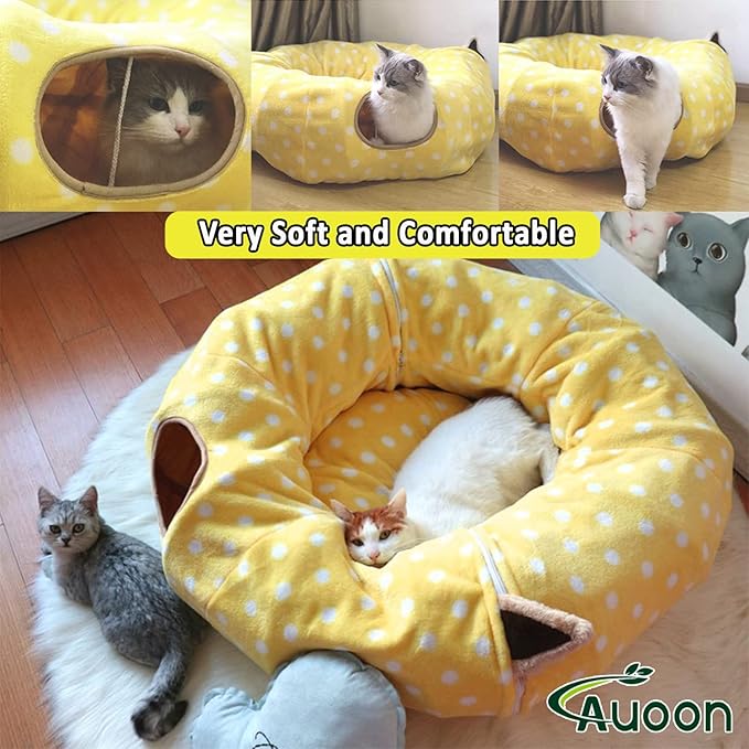 AUOON Cat Tunnel Bed with Central Mat Under Christmas Tree,Big Tube Playground Toys,Full Moon Shape for Kitten,Cat,Puppy,Rabbit,Ferret,Yellow