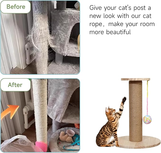 Multicolor Natural Hemp Rope, Cat Scratching Posts Replacement Rope,Repair and Replace Scratching Post cat Tree, 1/4" Rope Cat Scratch Post DIY Jute Twine,Come with a Play Ball..(65FT,White)