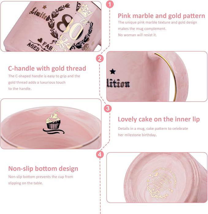 80th Birthday Gifts for Women, 14oz Pink Coffee Mug with Gold Pattern, Best Gifts for 80 Year Old Grandma, Mom, Sister, Friend, Fabulous 80 Limited Edition, 1943 Birthday Gifts for Women.
